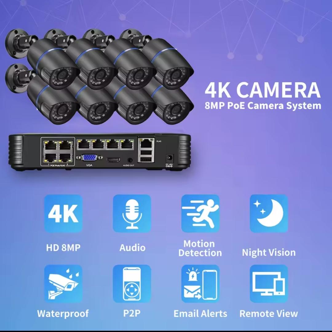 🎥 Kit Sistema de X4 Cámaras de Seguridad 4K 8MP POE con NVR H.265 8 Pueros POE+ – Kit CCTV Exterior con Audio y Visión Nocturna